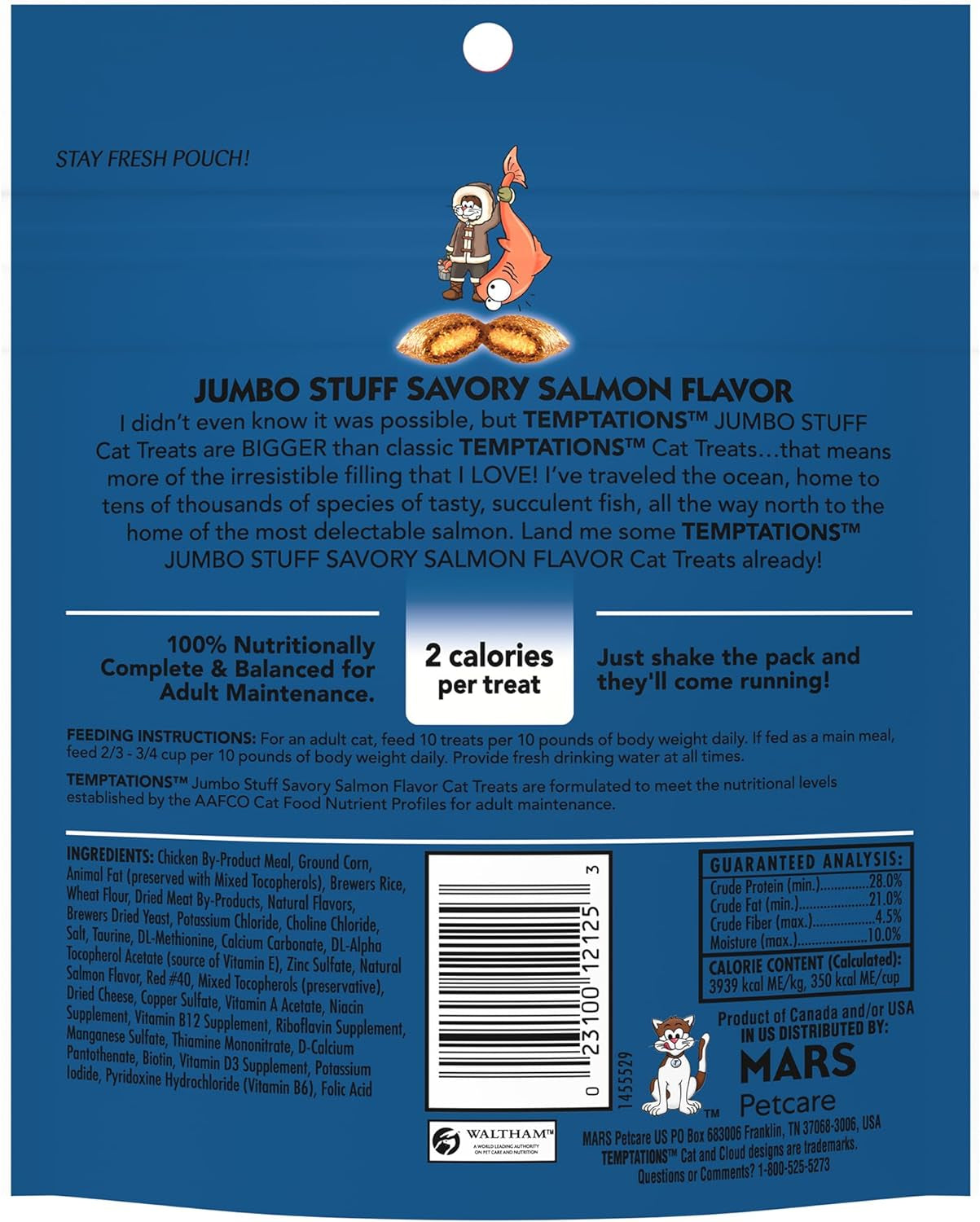 Jumbo Stuffed Cat Treats, Crunchy and Soft Cat Treats, Savory Salmon Flavor, 5.3 Oz. Pouches (Pack of 10)