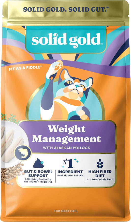 Solid Gold Weight Management Cat Food for Adults - Grain Free & Gluten Free Dry Cat Food Indoor & Outdoor Recipe for Healthy Weight W/Alaskan Pollock & Probiotics for Gut Health & Digestion - 3 LB