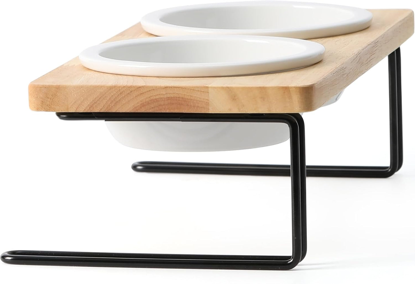 Elevated Cat Ceramic Bowls, Small Dog Raised Food Feeding Dishes, Solid Wood Water Stand Feeder Set for Cats and Puppy