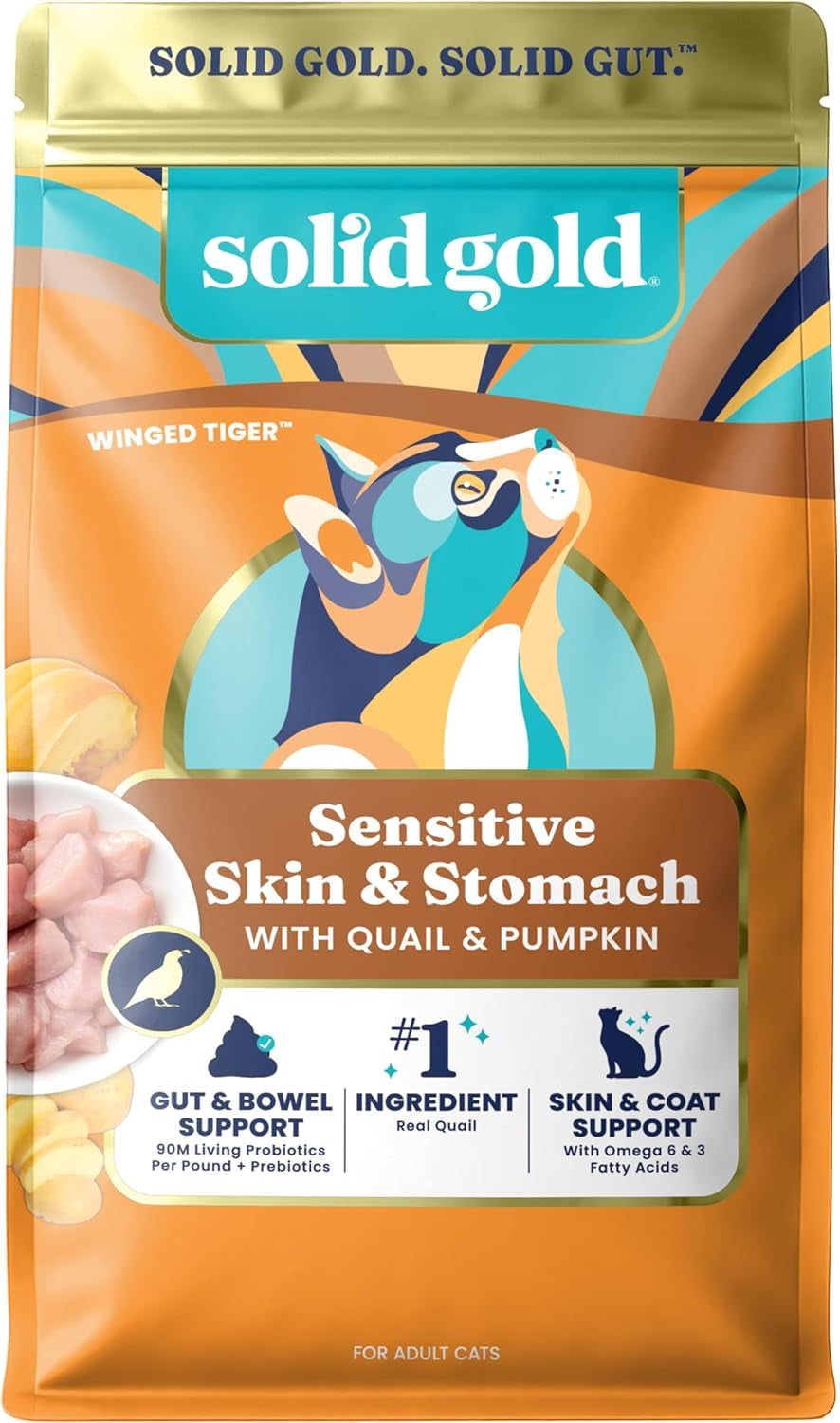 Solid Gold Sensitive Stomach Dry Cat Food - Grain Free & Gluten Free Sensitive Stomach Cat Food for Indoor Adult & Senior Cats - Dry Kibble for Cats W/Quail, Pumpkin & Probiotics for Gut Health - 3Lb