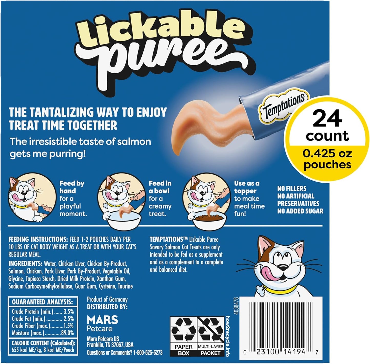 Creamy Puree Squeezable Lickable Cat Treats, Wet Cat Treats with Salmon, 0.42 Oz. Tubes, 24 Count - Packaging May Vary