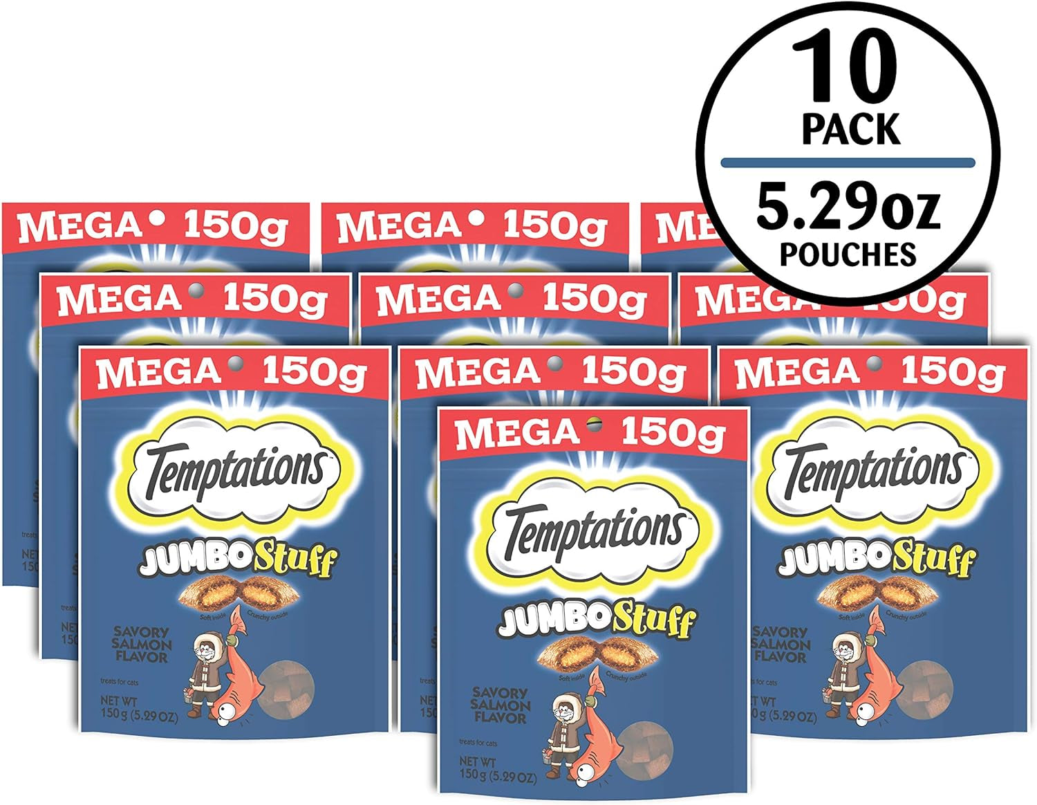 Jumbo Stuffed Cat Treats, Crunchy and Soft Cat Treats, Savory Salmon Flavor, 5.3 Oz. Pouches (Pack of 10)