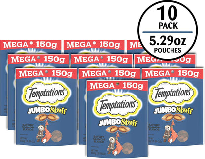 Jumbo Stuffed Cat Treats, Crunchy and Soft Cat Treats, Savory Salmon Flavor, 5.3 Oz. Pouches (Pack of 10)