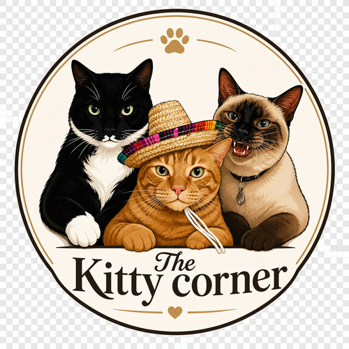 Circular logo with four cats and 'The Kitty Corner' text on a white background