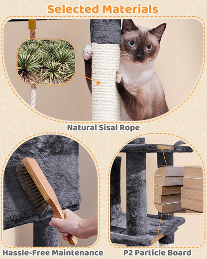 Yaheetech 63In Large Cat Tree for Heavy Cats up to 22Lbs, Anti-Wobble Tower with Condo & Hammock, Space-Saving for Indoor Multi-Pet Households, Stops Furniture Scratching