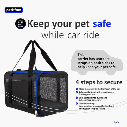 Easy Load Soft Pet Carrier Bag Cat for Medium, Large Cats, Puppy, Sturdy, Collapsible, Comfy, Black W/Blue Trim, L